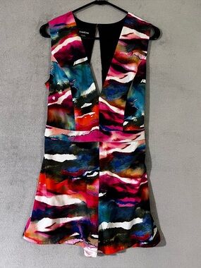 bebe Watercolor Abstract Short Romper Deep V-Neck  Womens Sz 10 One Piece